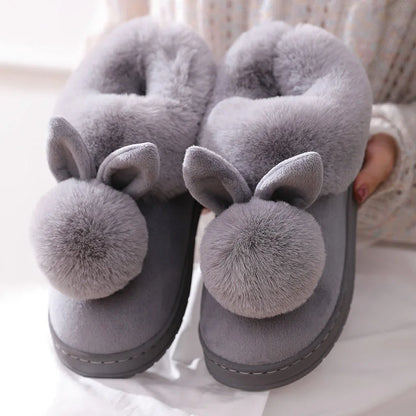 Winter Plush Slippers for Women & Men - Thick Sole Couple House Shoes, Cozy Faux Rabbit Fur Indoor Slides with Closed Back