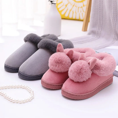 Winter Plush Slippers for Women & Men - Thick Sole Couple House Shoes, Cozy Faux Rabbit Fur Indoor Slides with Closed Back
