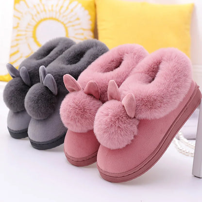 Winter Plush Slippers for Women & Men - Thick Sole Couple House Shoes, Cozy Faux Rabbit Fur Indoor Slides with Closed Back