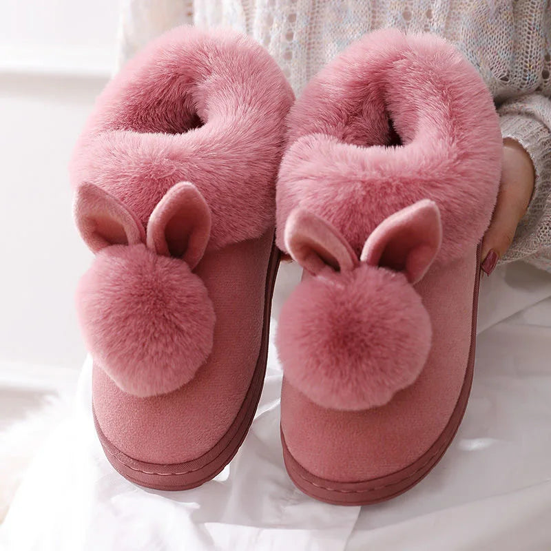 Winter Plush Slippers for Women & Men - Thick Sole Couple House Shoes, Cozy Faux Rabbit Fur Indoor Slides with Closed Back