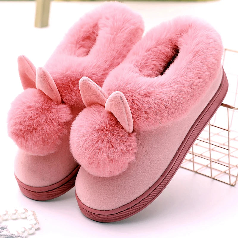 Winter Plush Slippers for Women & Men - Thick Sole Couple House Shoes, Cozy Faux Rabbit Fur Indoor Slides with Closed Back