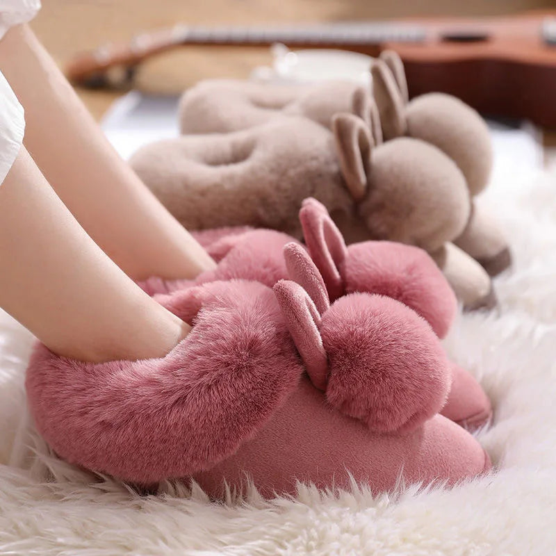 Winter Plush Slippers for Women & Men - Thick Sole Couple House Shoes, Cozy Faux Rabbit Fur Indoor Slides with Closed Back