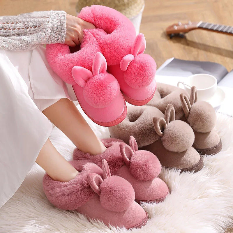 Winter Plush Slippers for Women & Men - Thick Sole Couple House Shoes, Cozy Faux Rabbit Fur Indoor Slides with Closed Back