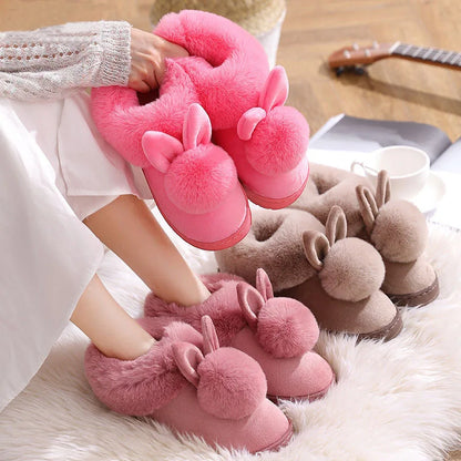 Winter Plush Slippers for Women & Men - Thick Sole Couple House Shoes, Cozy Faux Rabbit Fur Indoor Slides with Closed Back